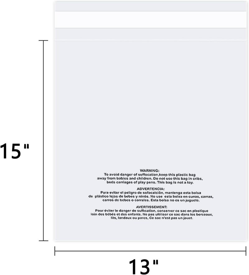 WEPOLY 13" x 15" (100 Count) - Clear Poly Bags with Suffocation Warning Self Seal for Packaging, Shirts, Clothing & FBA - Permanent Adhesive - Image 2